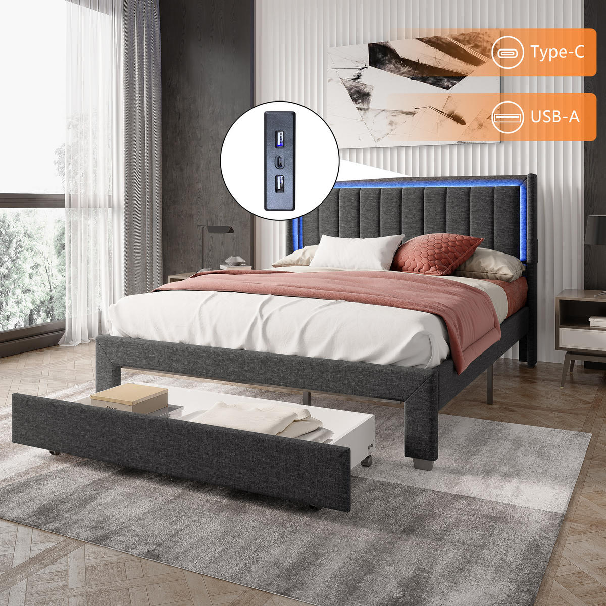 POLSTERBETT 180x200 cm LED 2 USB Stauraum Lattenrost grau - Grau, Holz (180/200cm) - LEBENLANG