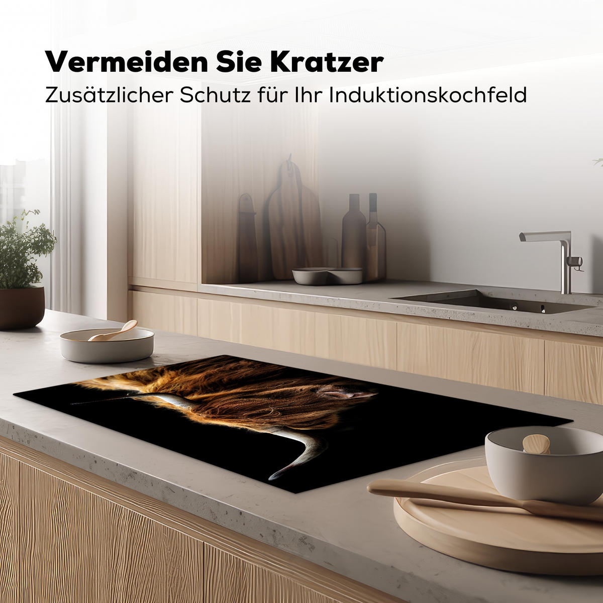 HERDABDECKPLATTE Schottischer Highlander - Hörner - Schwarz - Tiere - Natur - Wild - Kuh Induktionsschutz 89.6x51.6 cm - Cognac, Kunststoff (89.6/51.6/0.2cm) - MuchoWow