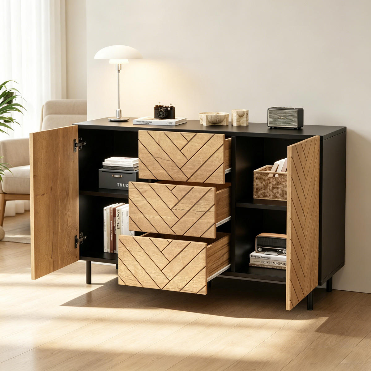SIDEBOARD 3 Schubladen 2 Türen 120cm Stauraumschrank Modern - Naturfarben, Holzwerkstoff (120/76/40cm) - FLIEKS