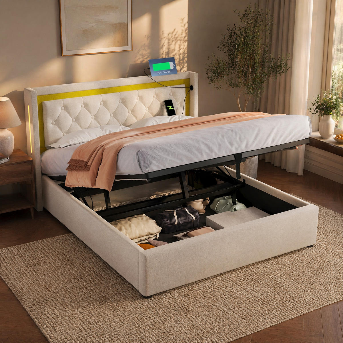 POLSTERBETT 140/200 cm in Hellbeige & Senfgelb mit Bettkasten, LED, USB und Type-C Stoff - Beige, Holzwerkstoff/Textil (140/200cm) - STILVORA