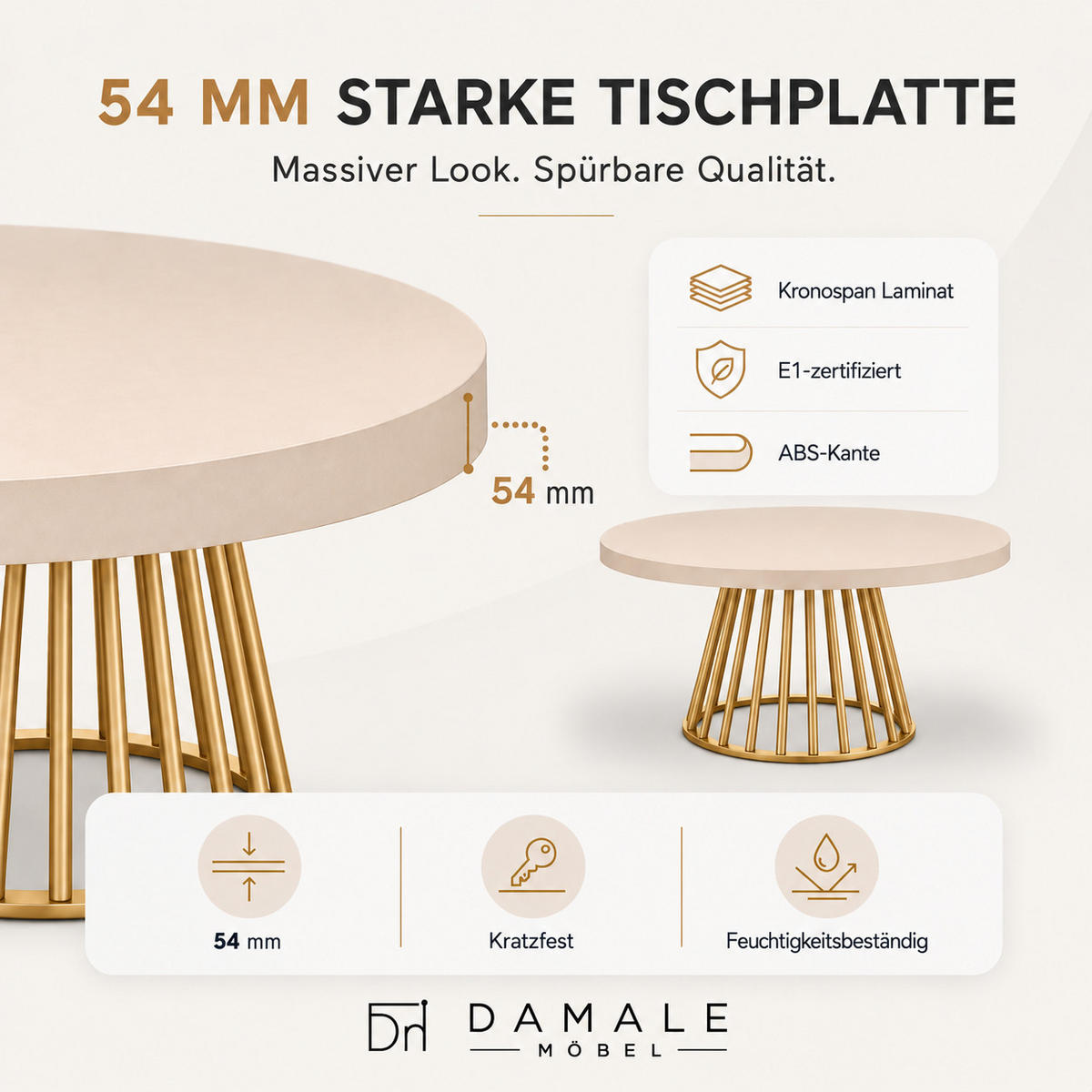 ESSTISCH rund ausziehbar 90/190/76 cm, Kaschmir, 54 cm Tischplatte + Lamellen-Metallgestell Gold - Kaschmir/Goldfarben, Holzwerkstoff/Metall (90/190/76cm) - Damale Möbel