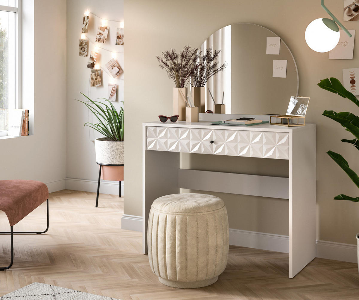 SCHMINKTISCH weiß Hochglanz 90 cm, Kosmetiktisch mit Spiegel - Weiß Hochglanz/Schwarz, Glas/Holzwerkstoff (39/133/90cm) - Inn.Furn