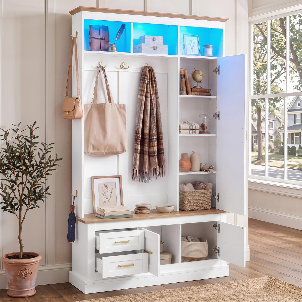 GARDEROBE Flur Set Spiegel Sitzbank Schuhschrank Haken 80cm Weiß - Weiß, Holzwerkstoff (110/180/32cm) - FLIEKS