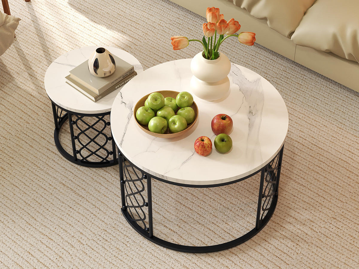 COUCHTISCH 70/70/45 cm 2-teilig in Marmoroptik mit Metallgestell - Schwarz/Weiß, Holzwerkstoff (70/70/45cm) - OKMYHOME