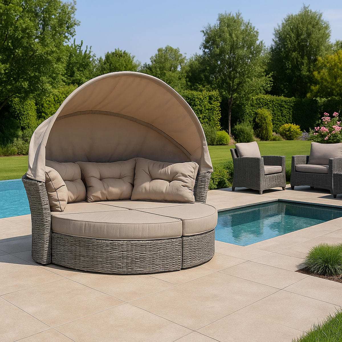 LIEGEINSEL, Alu + Polyrattan Grau Bicolor, Polster Taupe - Grau, Metall (200/172/187cm) - TPFGarden