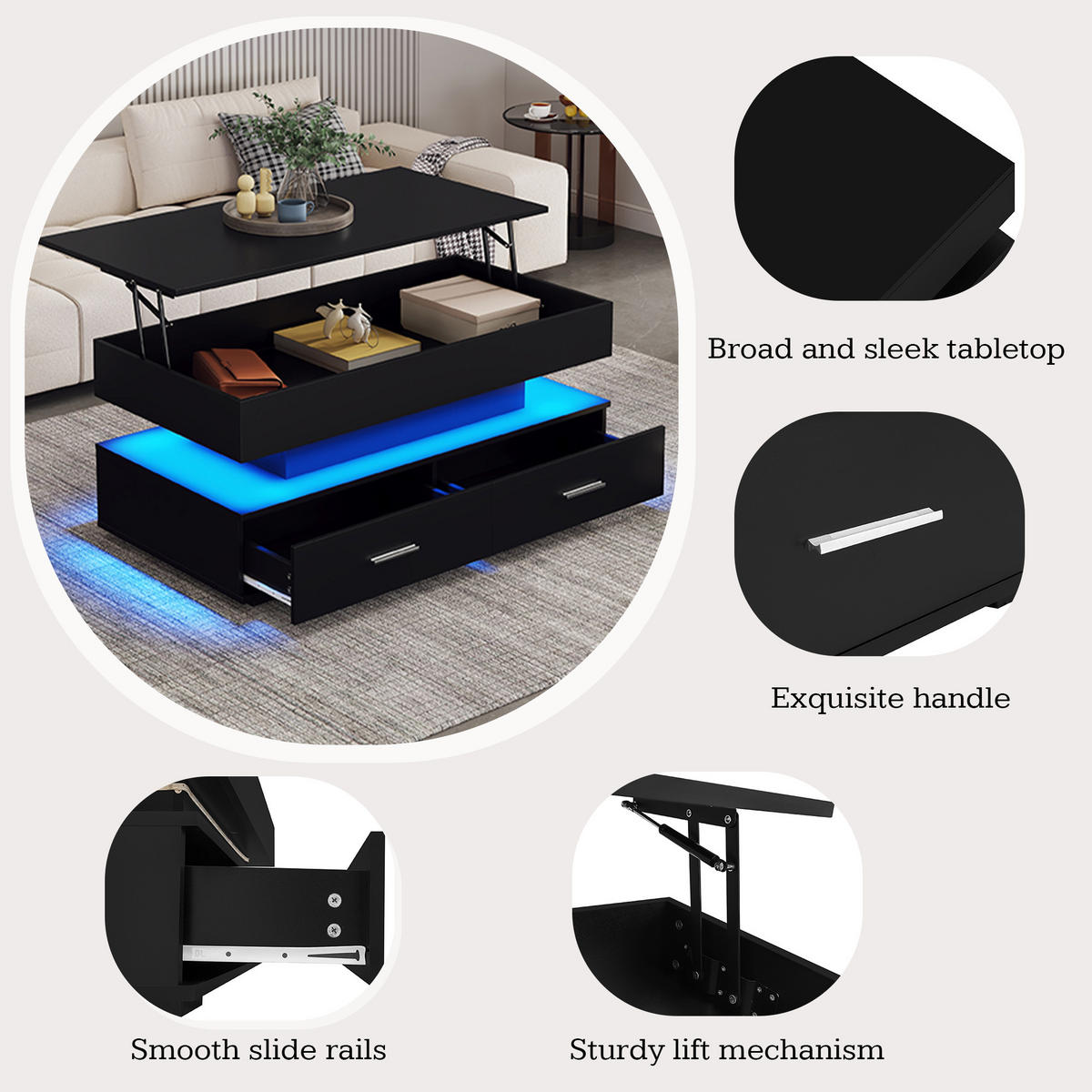 COUCHTISCH DE-161 hydraulisch höhenverstellbar Schwarz mit LED - Schwarz, Holzwerkstoff (50/100/44cm) - ComfortXL
