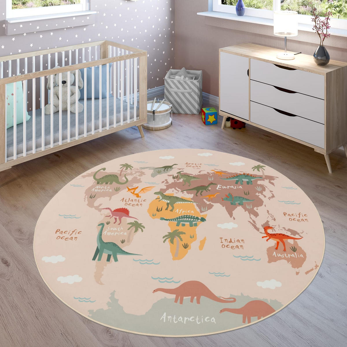 KINDERTEPPICH Waschbar, mit Dino-Motiv, Beige, Ø 160 cm - Beige, Textil (160/160cm) - KADIMA DESIGN