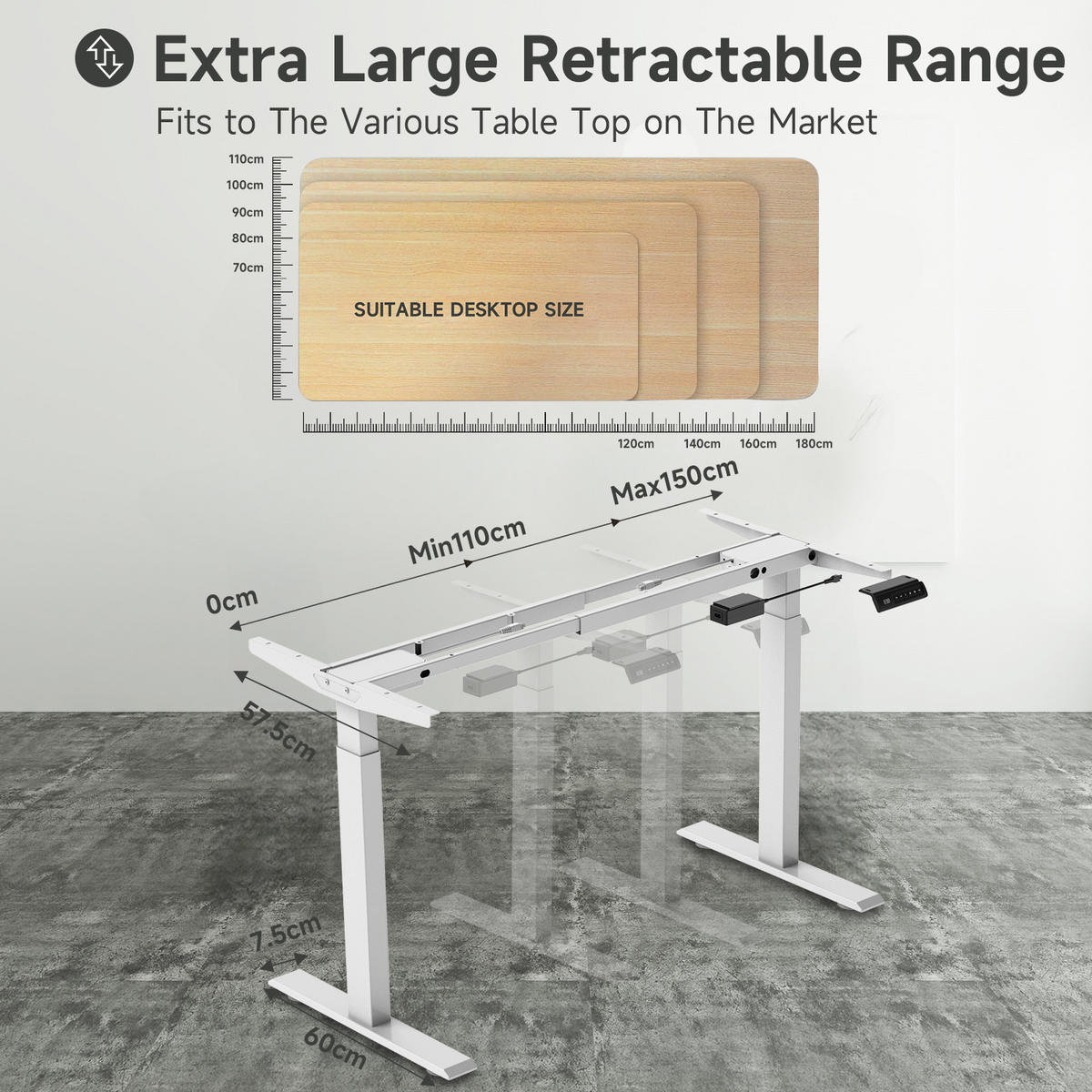 KLAPPTISCH Schreibtischgestell 58/180 cm in Weiß – elektrisch, mit 4 Speicherplätzen - Weiß, Metall (57.5/180/119cm) - BEAOK