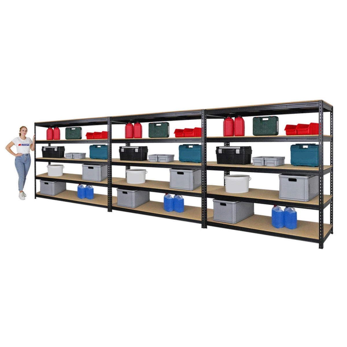 SCHWERLASTREGAL Bison 3er-Set mit 3x 200x200x60 cm 5 Fachböden Fachlast 600 kg Schwarz - Schwarz, Metall (600/200/60cm) - PROREGAL