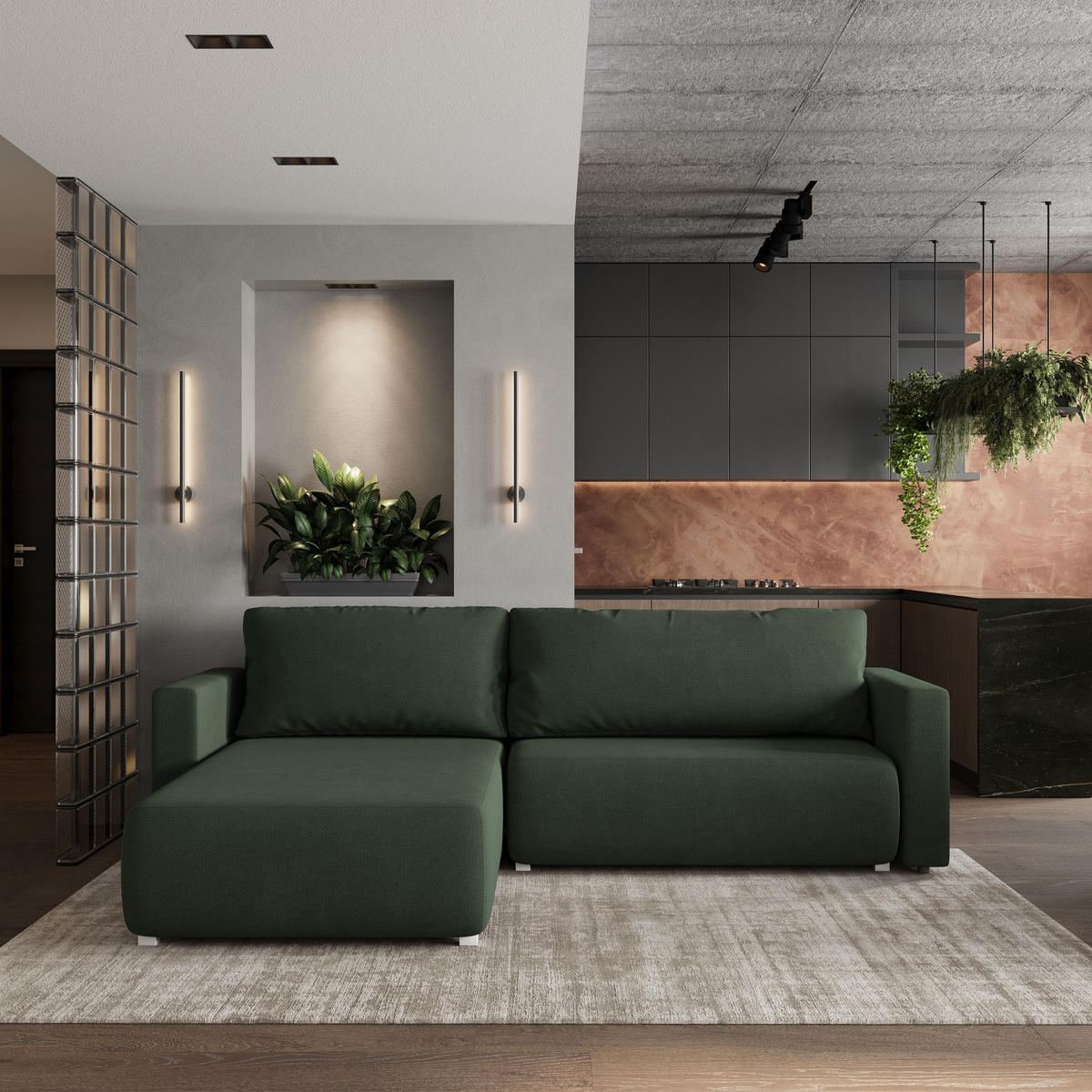 ECKSOFA TURIN Grün Geflochtener Stoff mit Schlaffunktion - Grün, Holz (265/183cm) - MASSENO