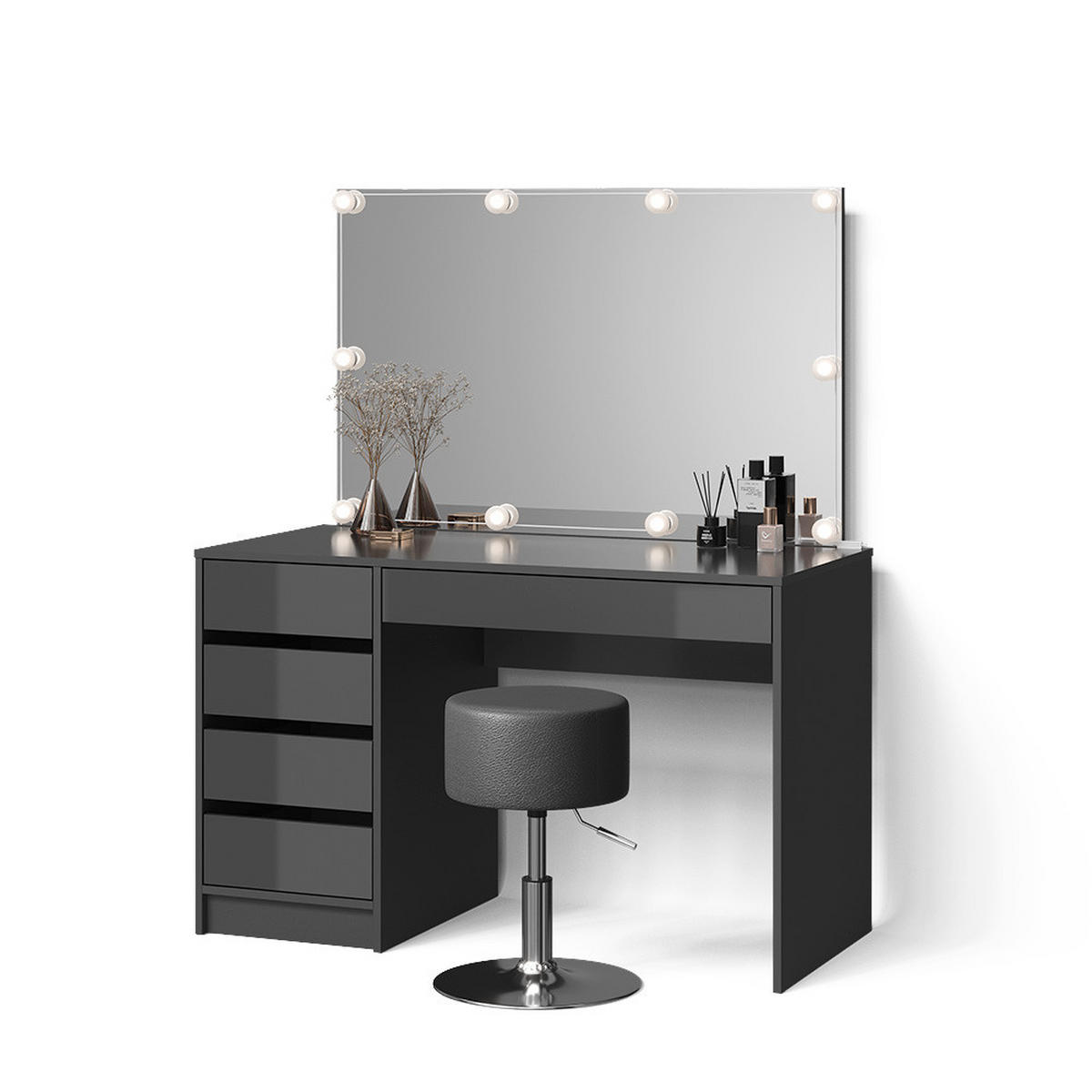 SCHMINKTISCH Imola Anthrazit mit LED Beleuchtung und Hocker - Anthrazit, Holzwerkstoff (120/75/55cm) - Livinity®