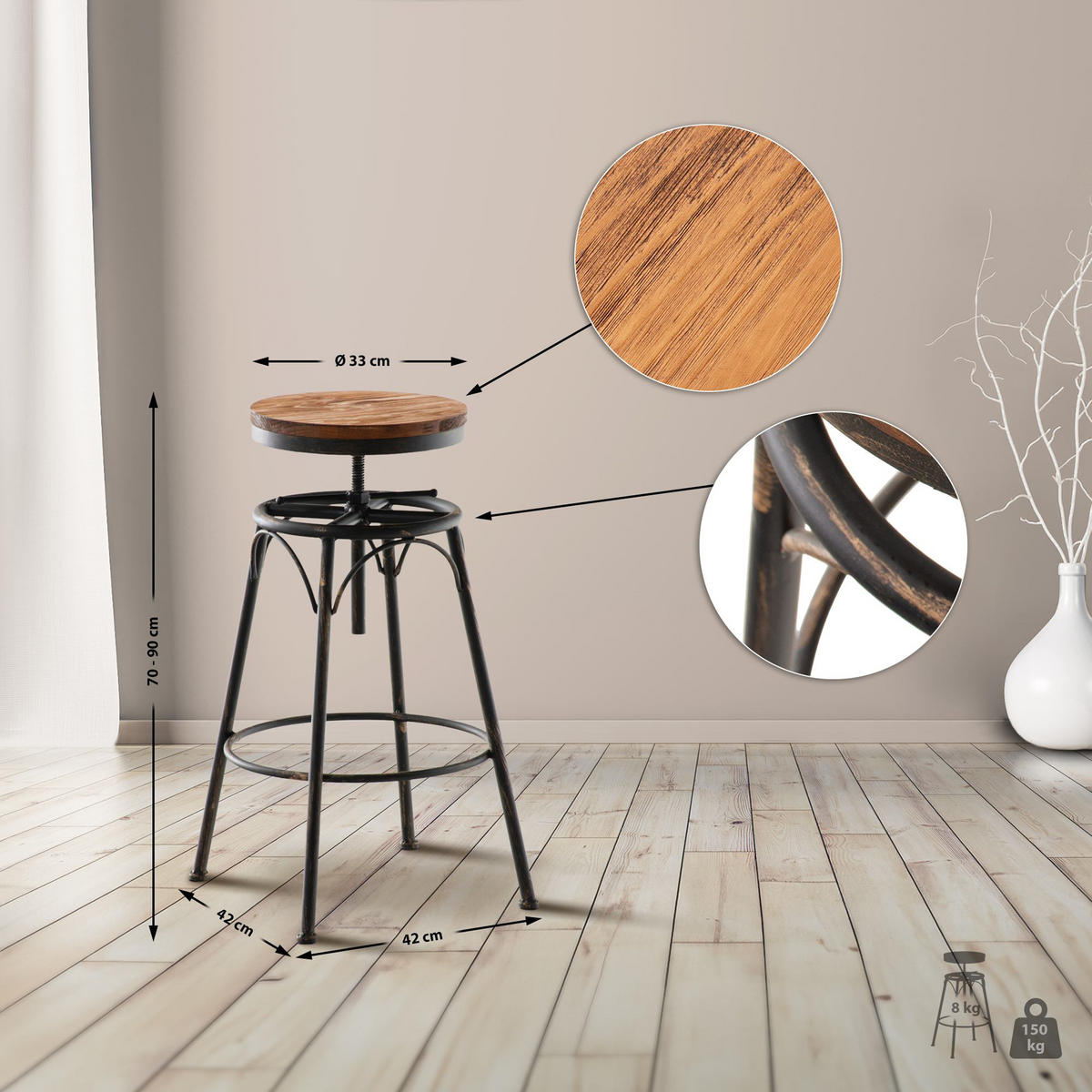 BARHOCKER 2er Set Bean bronze - Braun, Holz/Metall (42/90/42cm) - TPFLiving