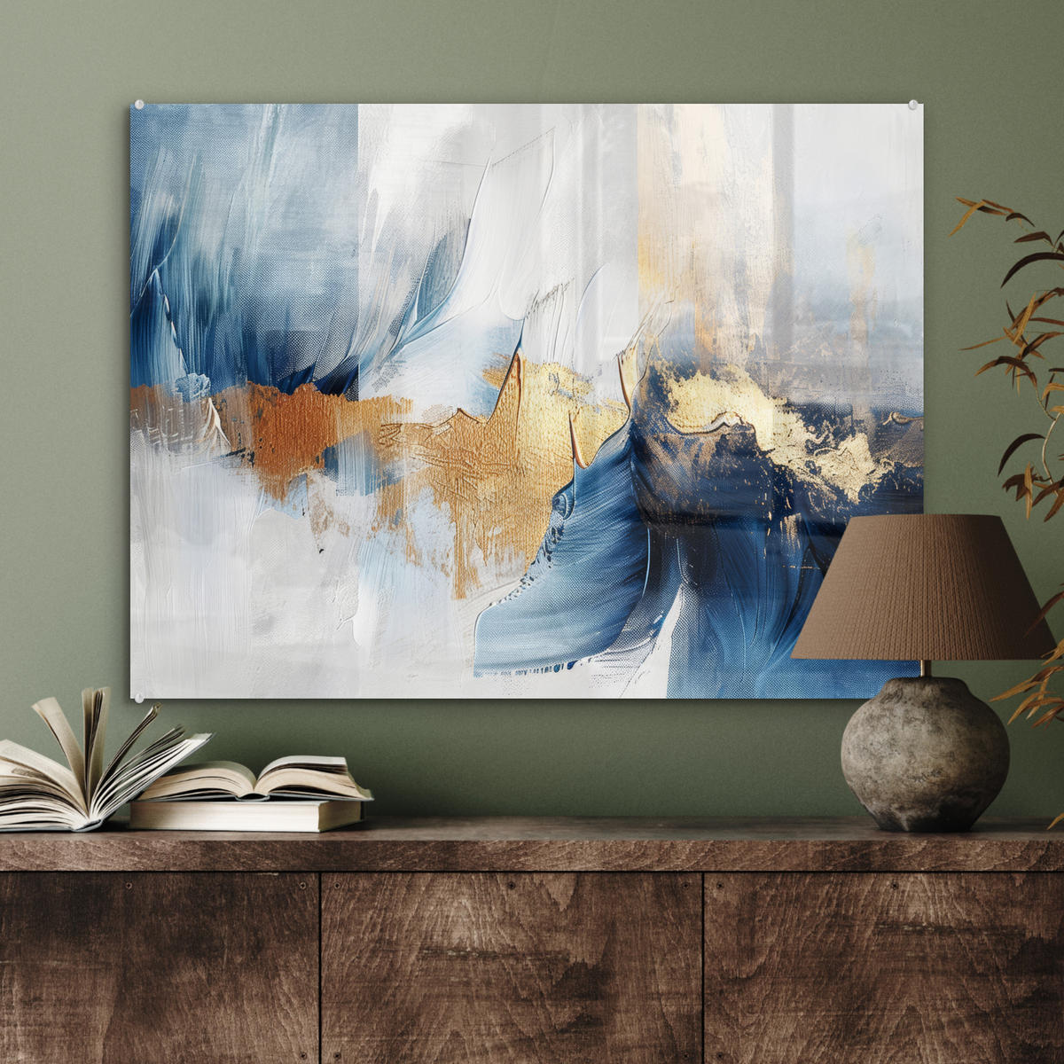 ACRYLGLASBILD Gold - Blau - Aquarell - Kunst - Modern 80x60 cm - Hellblau, Glas (80/60cm) - MuchoWow