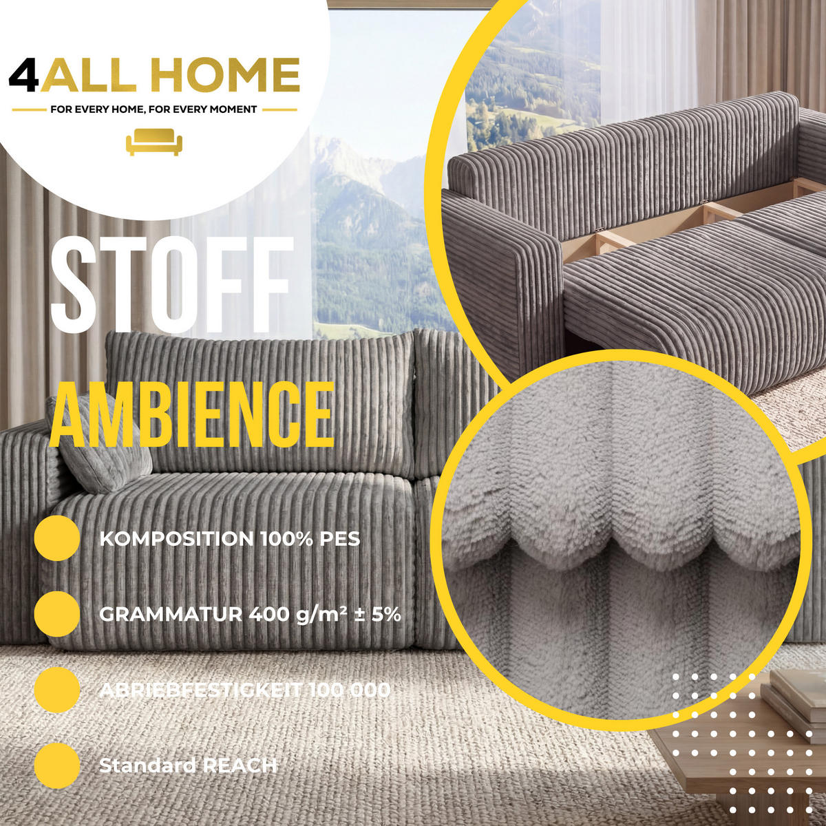 SOFA Kola mit Bettkasten und Schlaffunktion, Cordstoff - Hellgrau, Holzwerkstoff (244/85/95cm) - 4ALL HOME