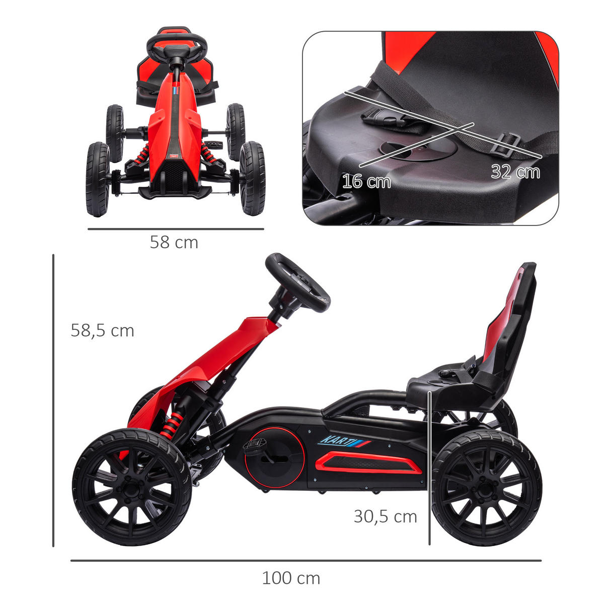 KINDER GO KART TRETAUTO, Blau/Rot, Metall+ Kunststoff - Rot, Metall (100/58/58.5cm) - HOMCOM