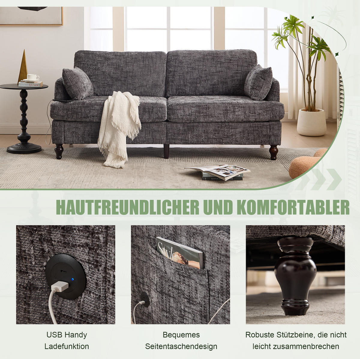 2-SITZER 175/83/78 cm grau aus Chenille mit USB, LED und Tasche - Grau, Textil (175/78/83cm) - OKWISH