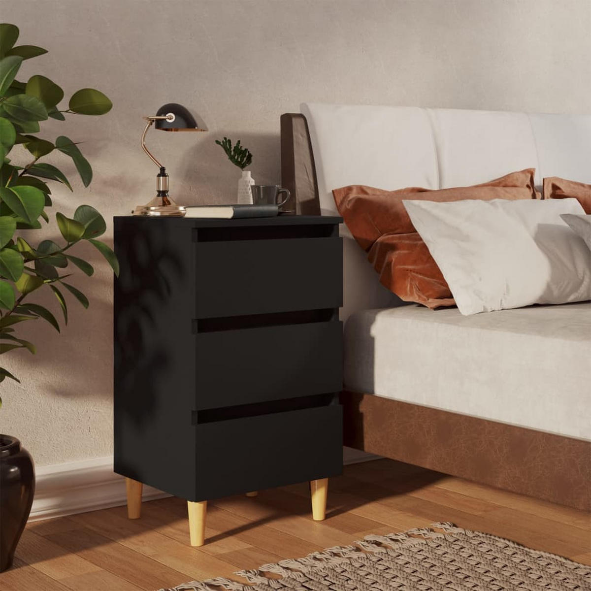 NACHTTISCH mit Massivholz-Beinen 40/35/69 cm in Schwarz - Schwarz/Braun, Holz (40/69/35cm) - vidaXL