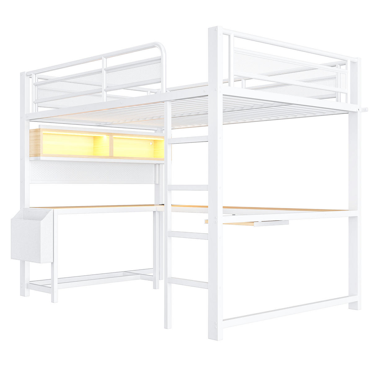 HOCHBETT 140/200 cm in Weiß mit Schreibtisch, LED und USB - Weiß, Holzwerkstoff/Metall (140/200cm) - WISHDOR