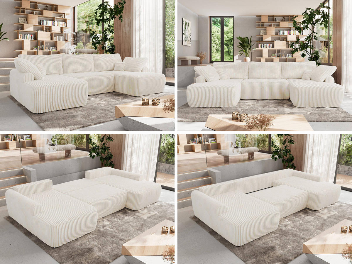WOHNLANDSCHAFT CUBO U Creme Cord - Creme/Schwarz, Kunststoff/Textil (370/100/187cm) - MKS