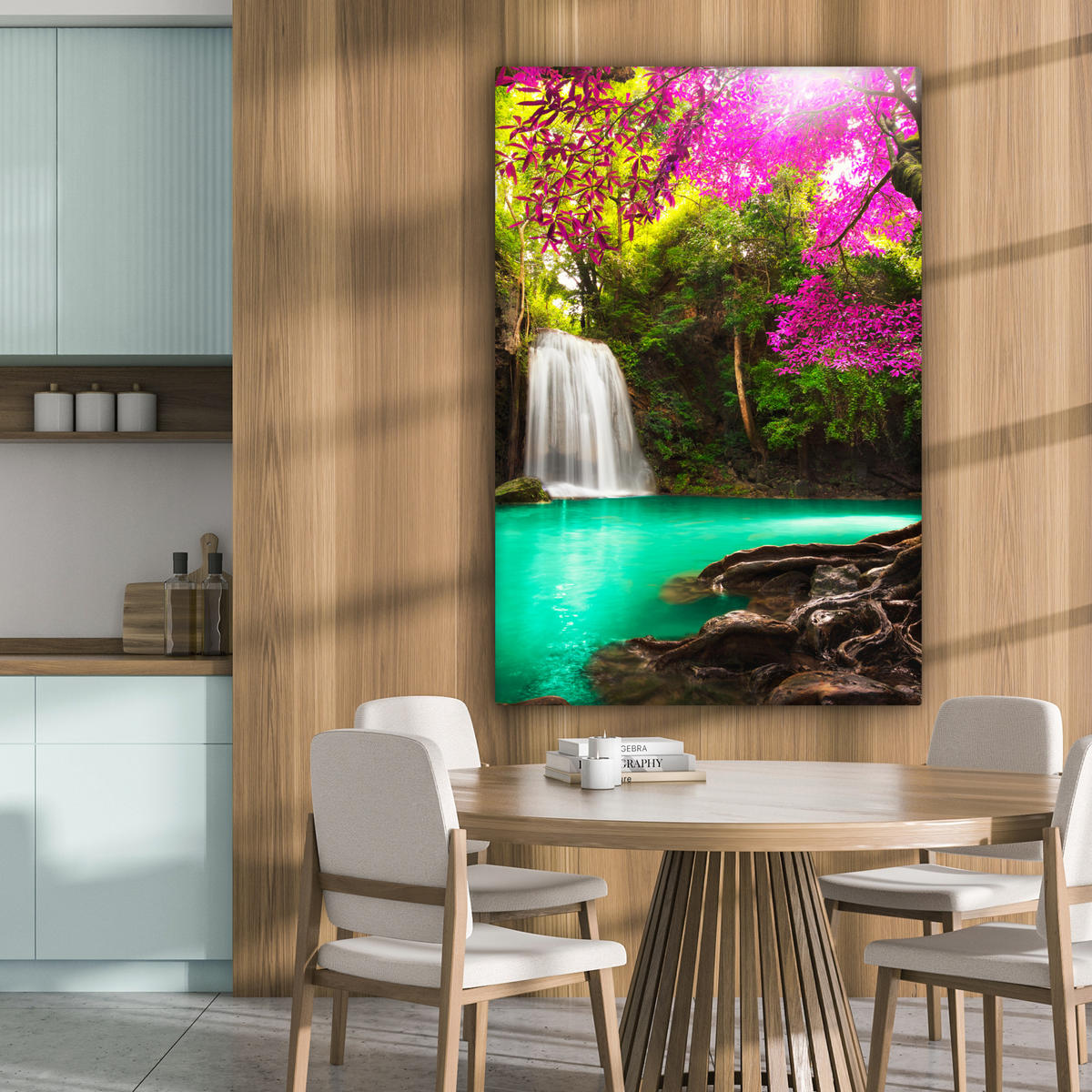 LEINWANDBILD Wasserfall mit bunten Blumen und Bäumen - Natur - Dschungel 80x120 cm - Waldgrün, Textil (80/120cm) - MuchoWow