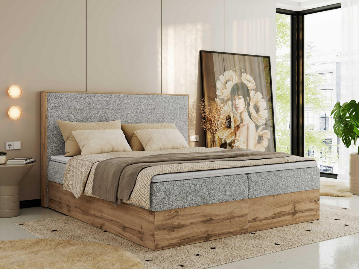 BOXBETT WOOD CLASSIC 200/200 - Hellgrau Strukture - H4 - Hellgrau, Textil (200/200cm) - MKS
