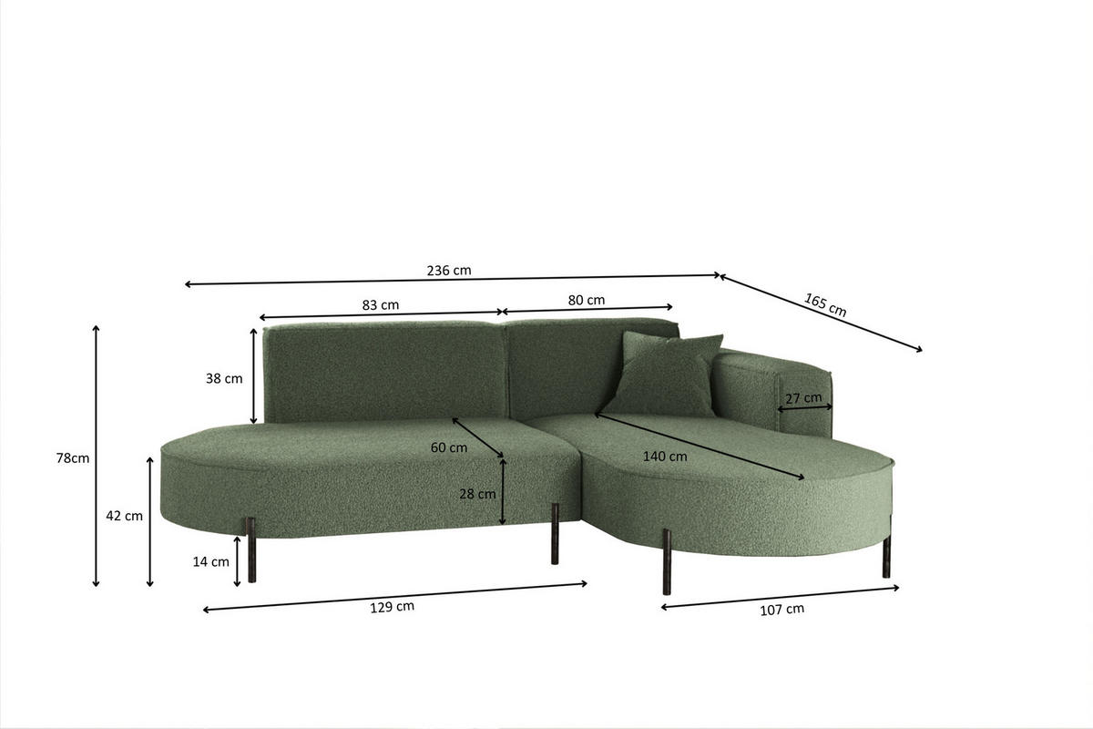 ECKSOFA L-Form Designer Modena Rein Stoff Quelle Grün Rechts - Grün, Holz/Textil (236/165cm) - Kaiser Möbel
