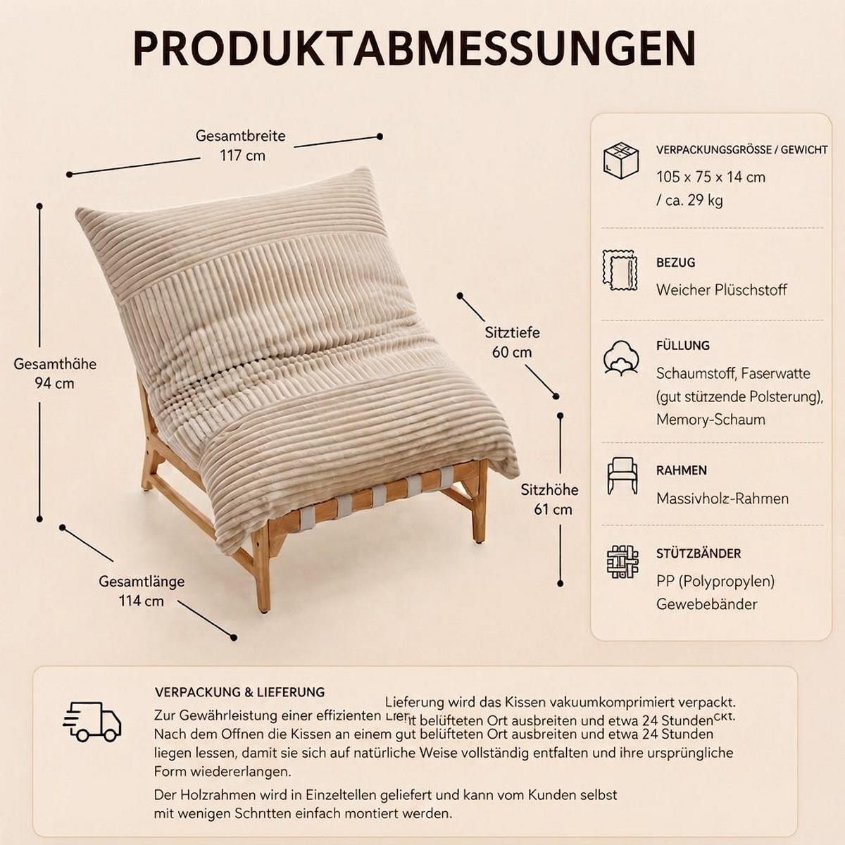 XXL-SESSEL Cord mit Holzrahmen, Breites Kissen, Hellbraun - Hellbraun, Holz/Textil (117/94/114cm) - LVHOM