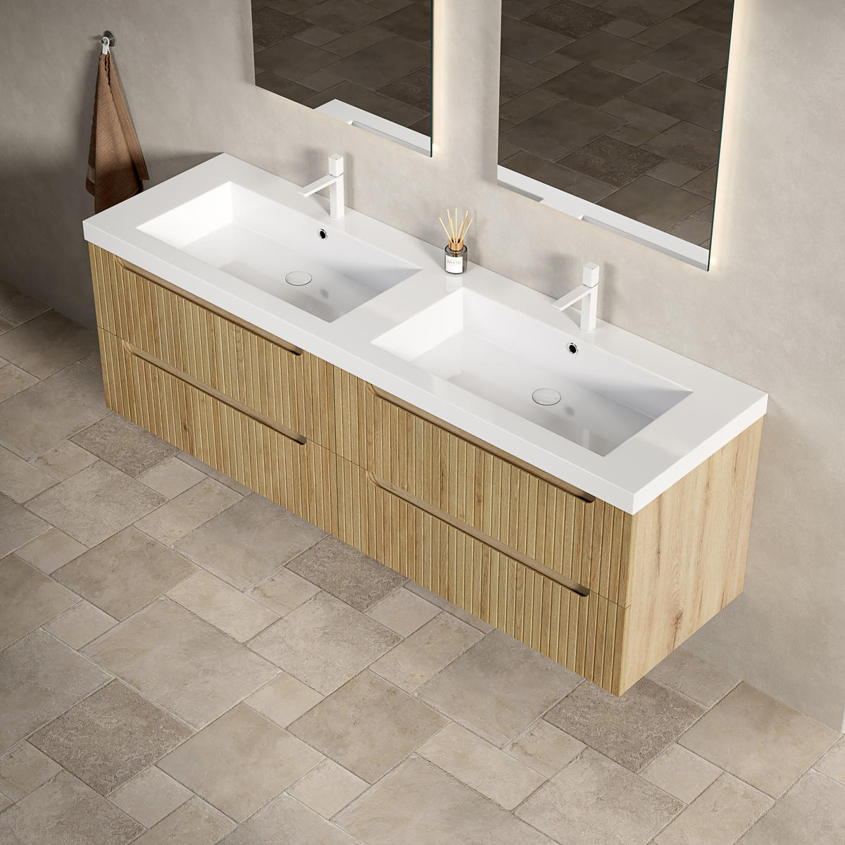 WASCHTISCHUNTERSCHRANK 160x46x53cm Weiß/Weißeiche mit Kunststeinbecken - Eichefarben, Kunststoff (160/53/46cm) - Modfu