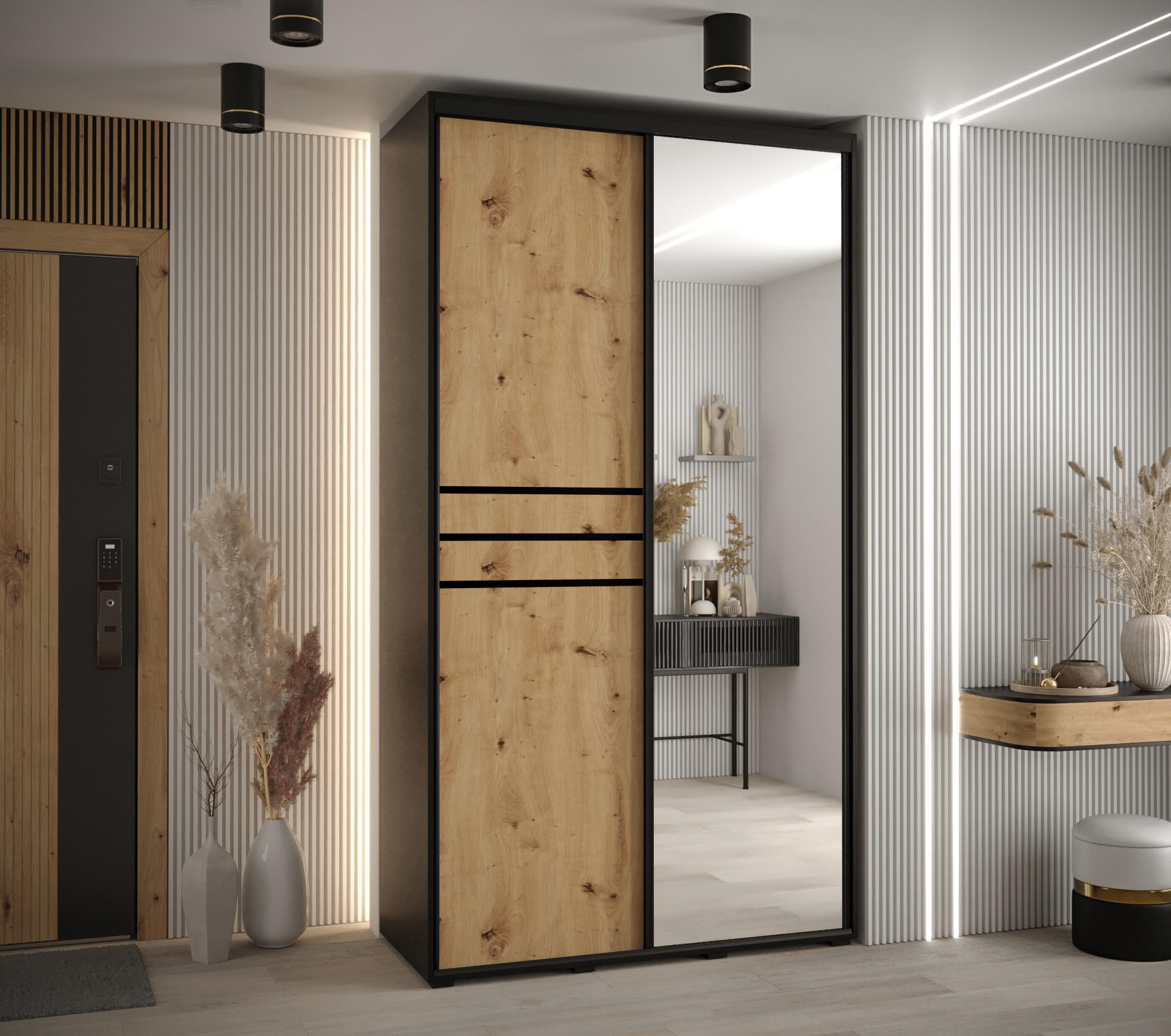 SCHWEBETÜRENSCHRANK 235,2/140/45 2-türig - Schwarz/Eiche Artisan, Holz/Metall (140/235/45cm) - Abiks Möbel
