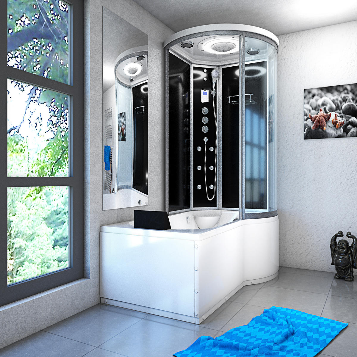 DUSCHKABINE mit Wanne K55-L33-EC Schwarz 170x100 - Schwarz, Glas/Kunststoff (170/98/220cm) - AcquaVapore by Sandra Jentho