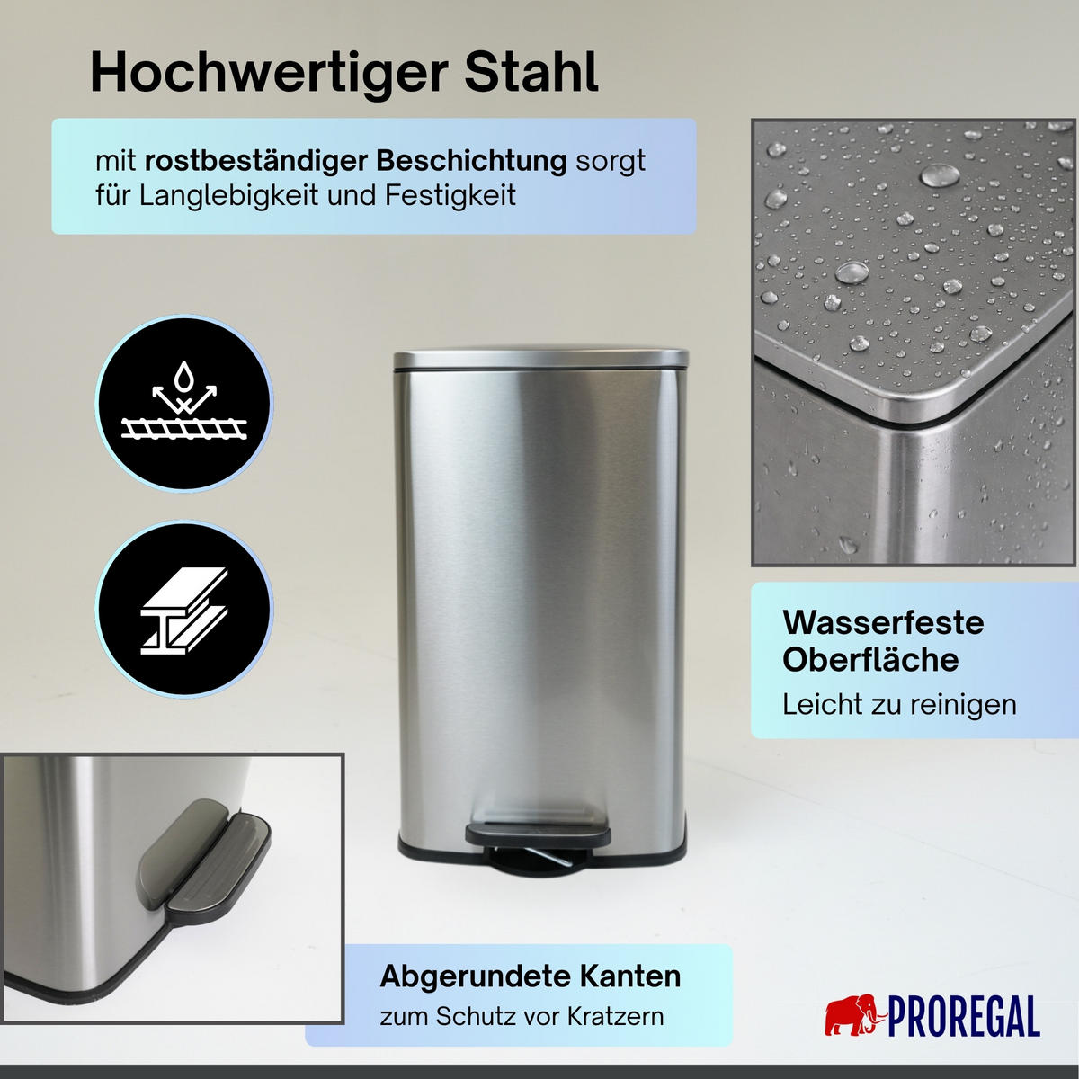 MÜLLEIMER 30 Liter mit Softclose & Fußpedal - Silberfarben, Metall (32.7/59.5/38cm) - PROREGAL