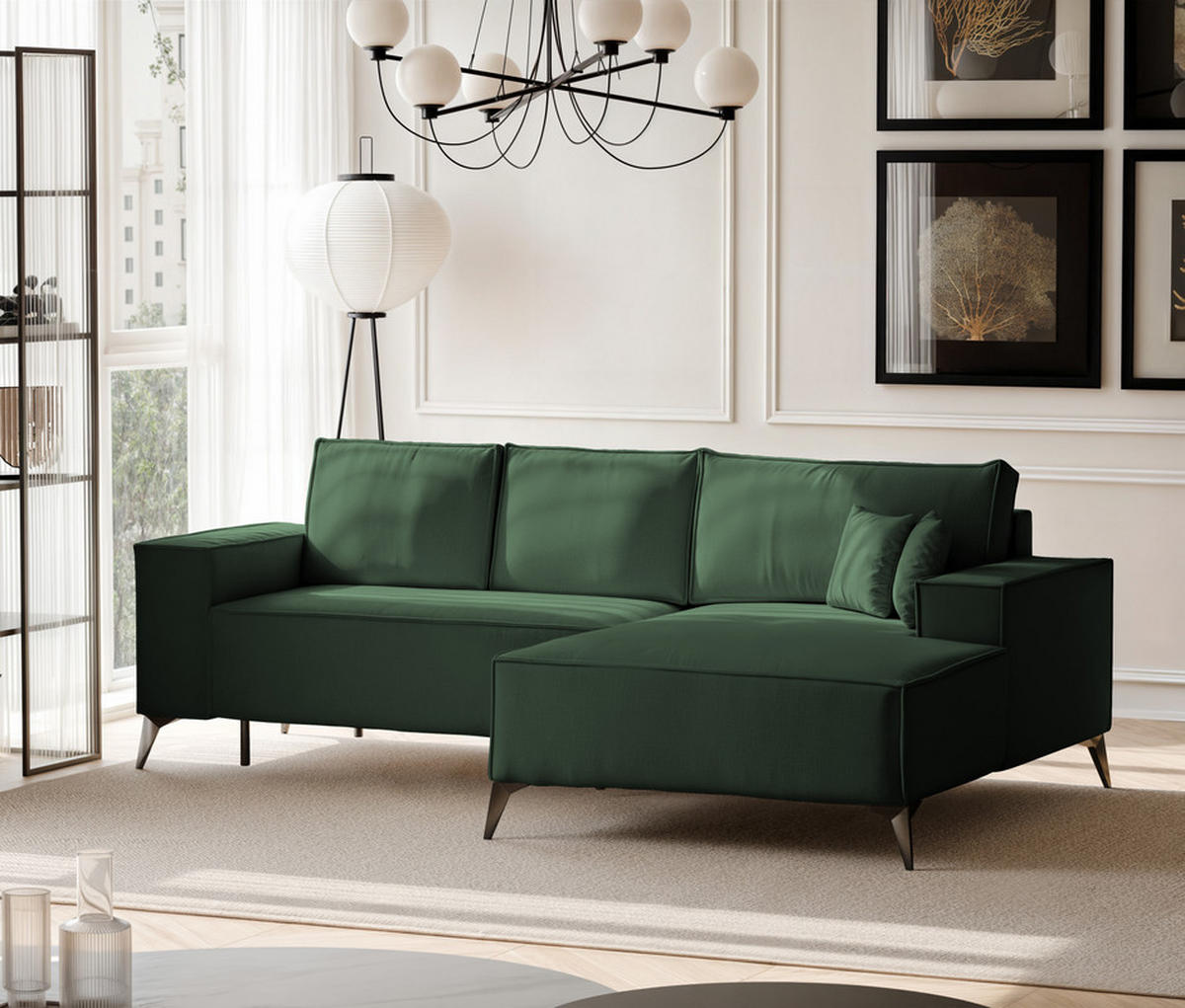 ECKSOFA OTIS Rechts, mit Schlaffunktion und Bettkasten, Grün - Grün, Textil/Metall (294/185cm) - Idohome