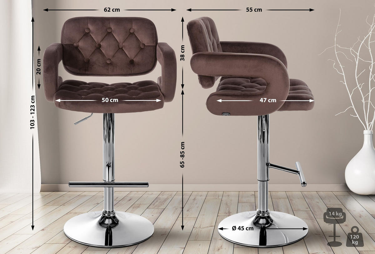 BARHOCKER Samt braun - Chromfarben/Braun, Textil (62/103/55cm) - CLP