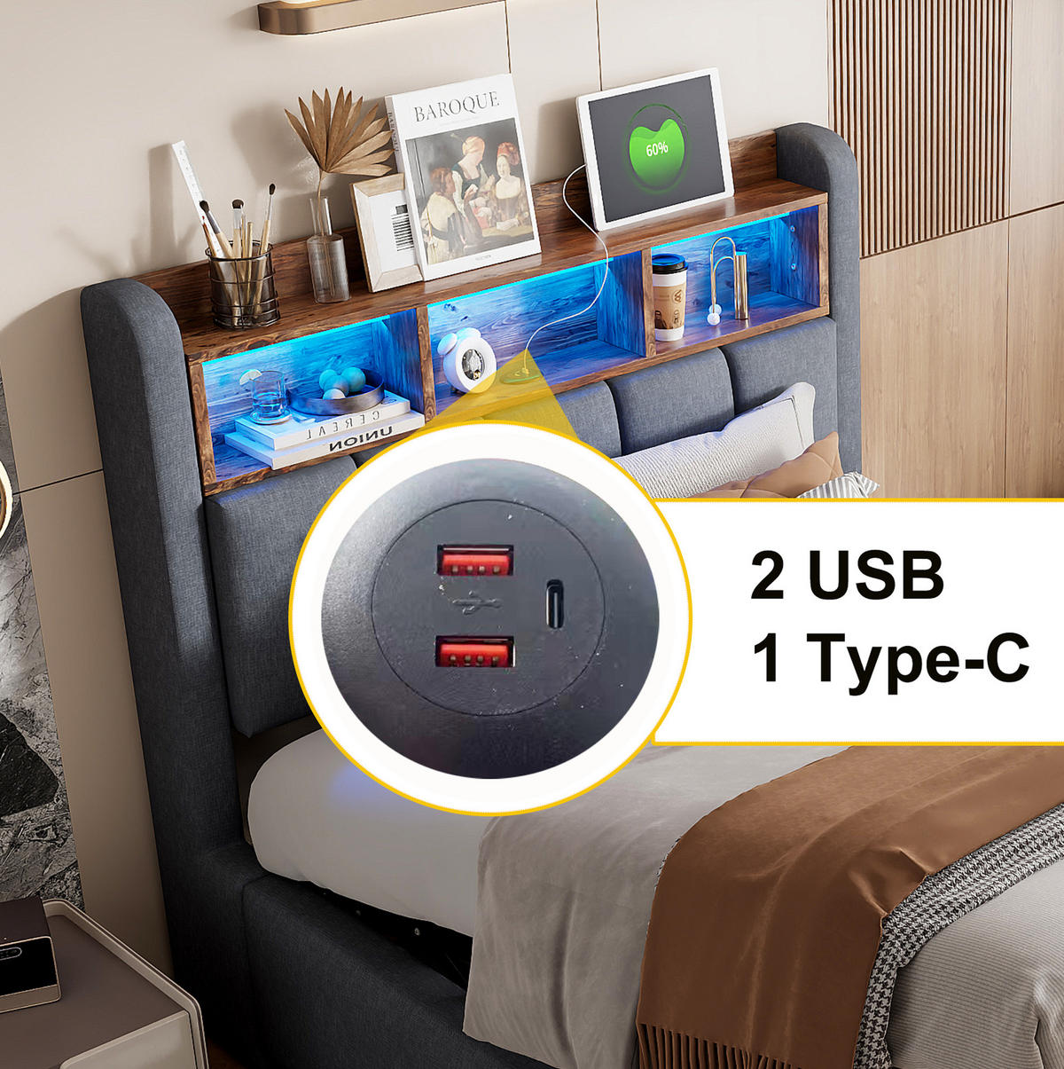 POLSTERBETT 90/200 cm Grau mit LED-Beleuchtung und USB-Anschluss aus Leinenstoff - Grau, Textil (90/200cm) - OKWISH