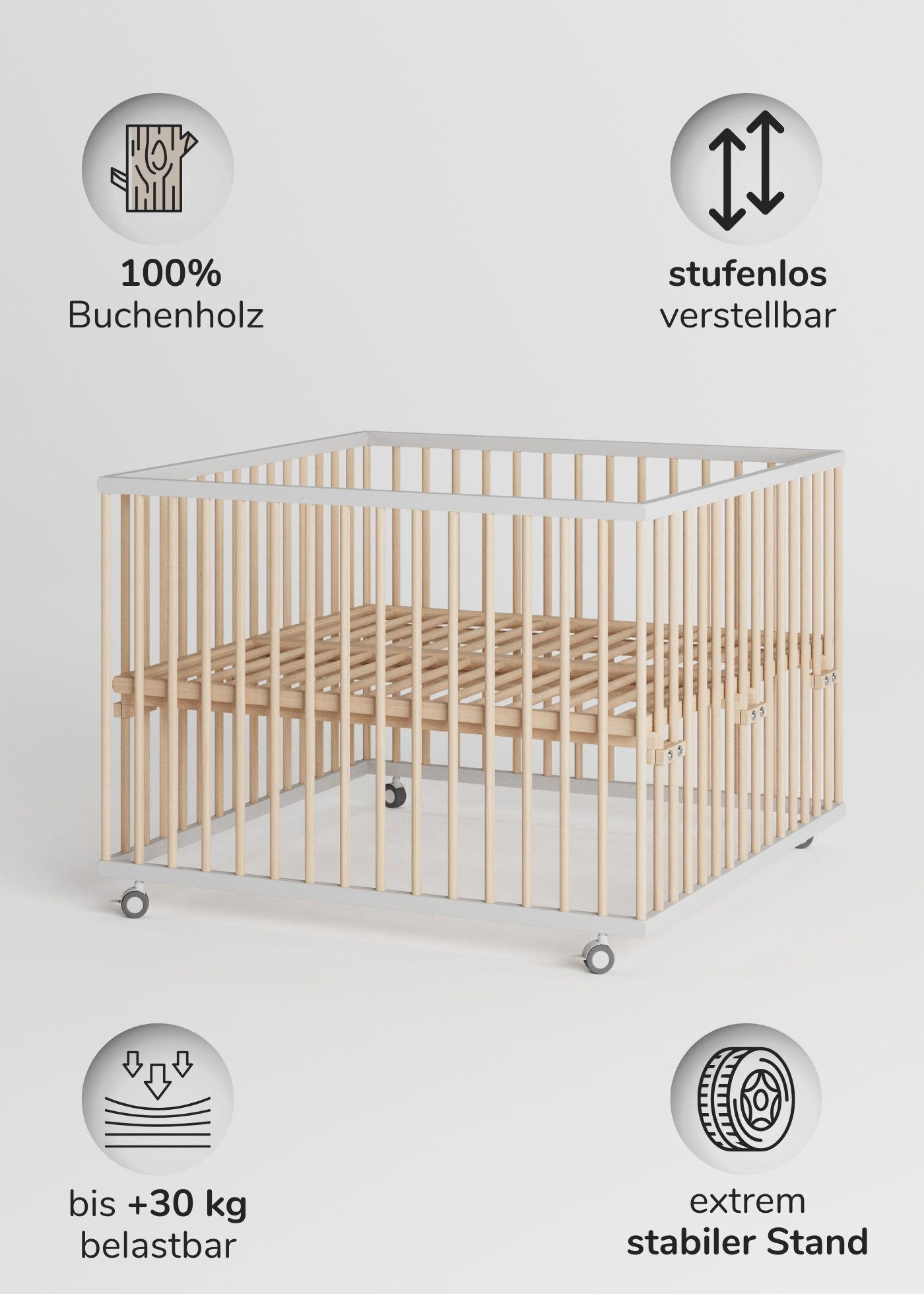 LAUFGITTER 100x100 cm mit Matratze Cloud Air, Schlupfsprossen & Lattenrost - weiß/natur - Premium Kollektion - Weiß/Naturfarben, Holz (100/74/100cm) - Sämann – make a difference.
