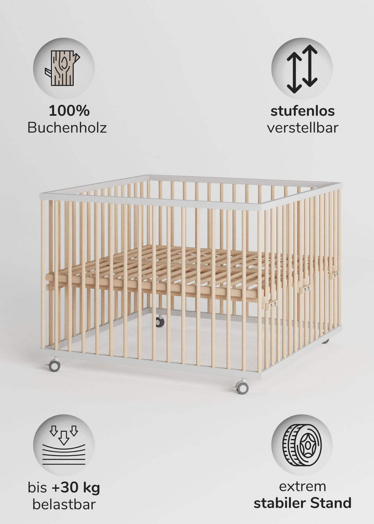 LAUFGITTER 100x100 cm mit Matratze Cloud Air, Schlupfsprossen & Lattenrost - weiß/natur - Premium Kollektion - Weiß/Naturfarben, Holz (100/74/100cm) - Sämann – make a difference.