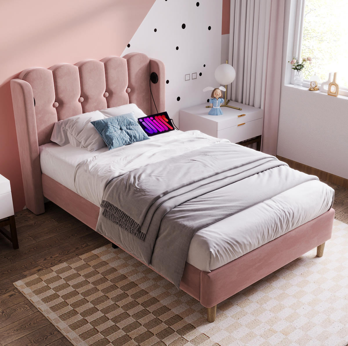 POLSTERBETT aus Samt 90x200 cm Rosa mit Lattenrost, USB- und USB-C-Ladeanschlüssen - Rosa, Textil (90/200cm) - IVMEU