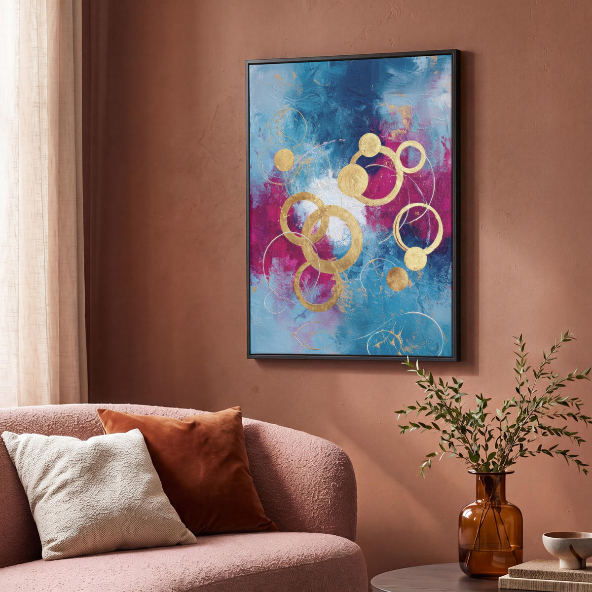 LEINWAND Bilder mit Rahmen - Kreise - Gold - Abstrakt - 70x100 - Blau, Textil (70/100cm) - MuchoWow