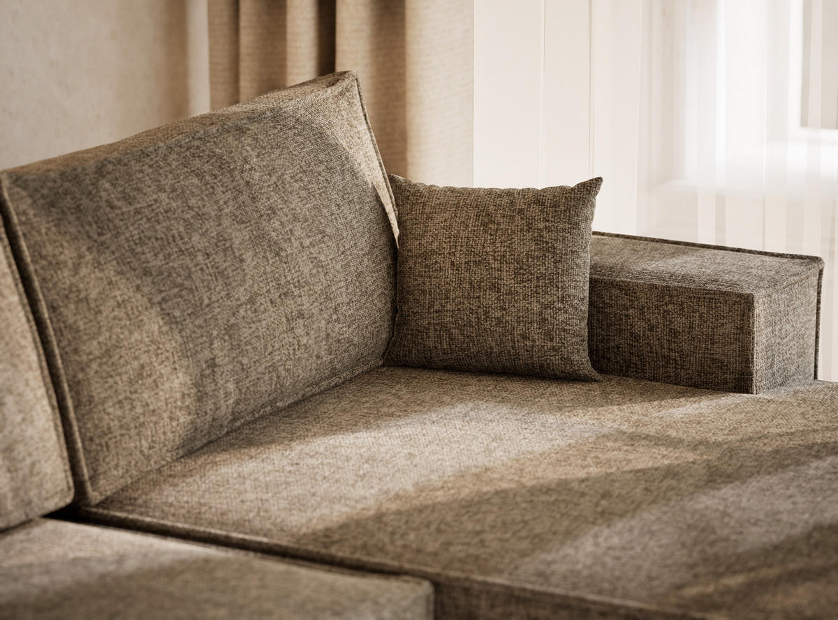 WOHNLANDSCHAFT Kyoto Taupe Chenille-Stoff - Taupe/Schwarz, Holz/Holzwerkstoff (398/70/148cm) - Maison de Reve