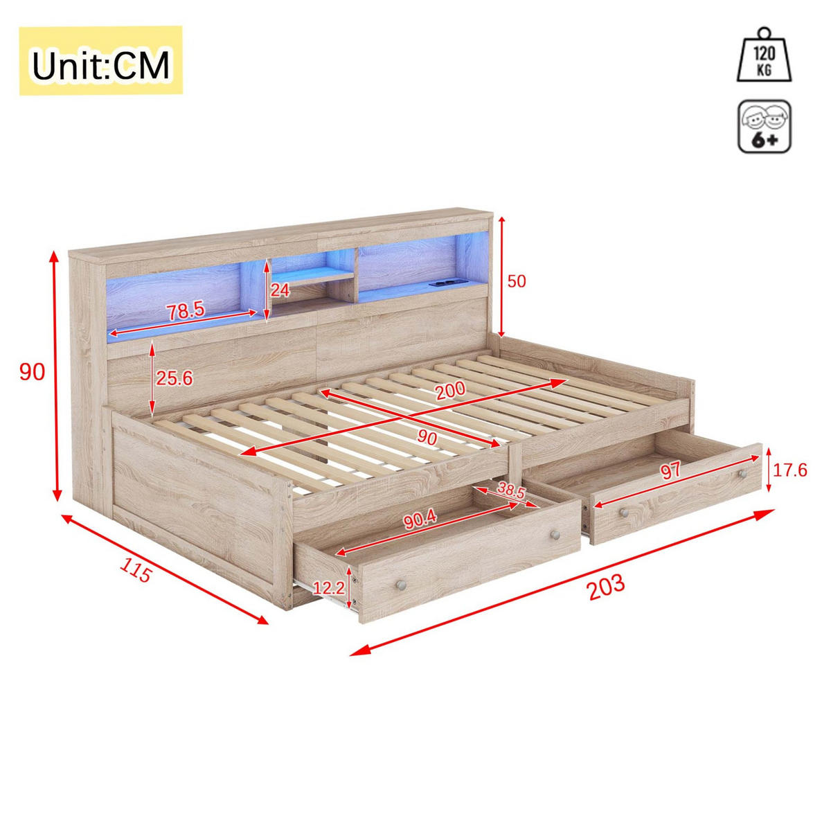 KINDERBETT 90/200 cm in Natur mit LED-Beleuchtung und 2 USB-Anschlüssen - Naturfarben, Holzwerkstoff (90/200cm) - Flora Grace