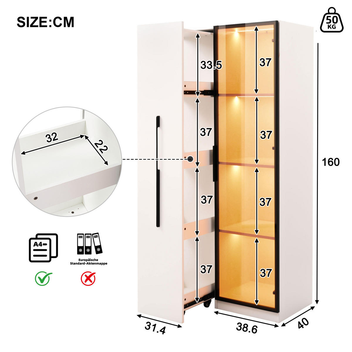 VITRINE 70/40/160 cm in Weiß mit LED-Beleuchtung und ausziehbarem Regal - Weiß, Holzwerkstoff (70/160/40cm) - Flora Grace