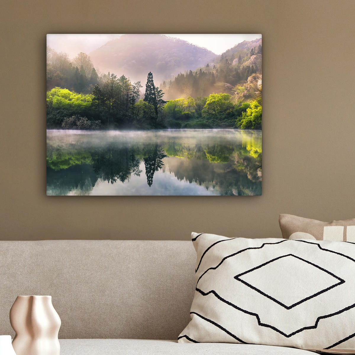 LEINWANDBILD Natur - Bäume - Berge - See - Wasser 40x30 cm - Hellgrün, Textil (40/30cm) - MuchoWow