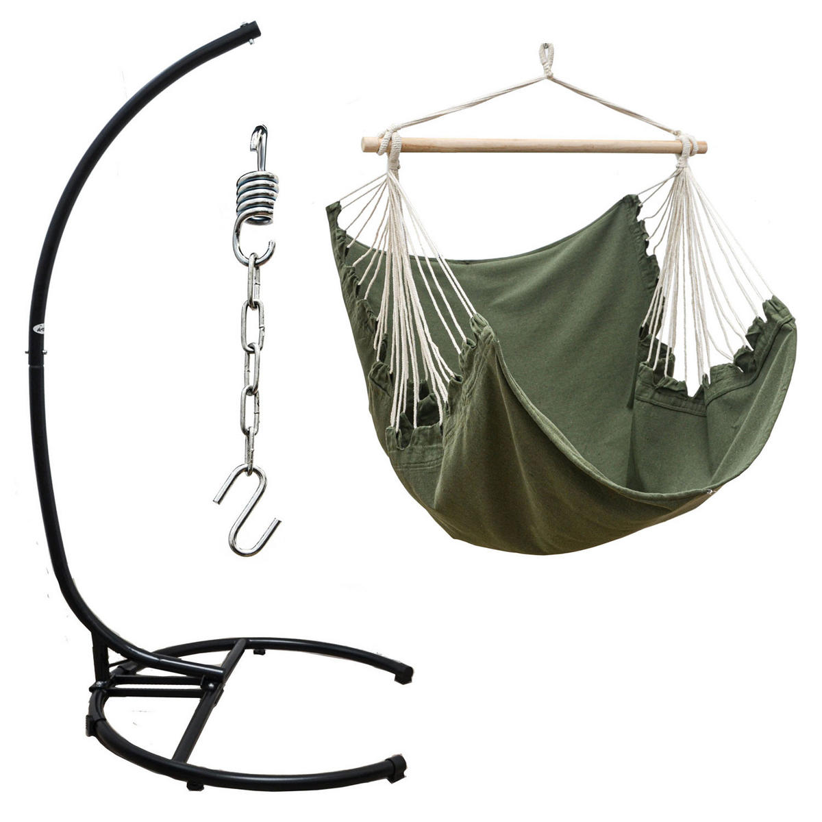 XL-HÄNGESESSEL inkl. Gestell bis 150kg, 210cm, Olive - Schwarz, Metall (110/210/125cm) - Amanka