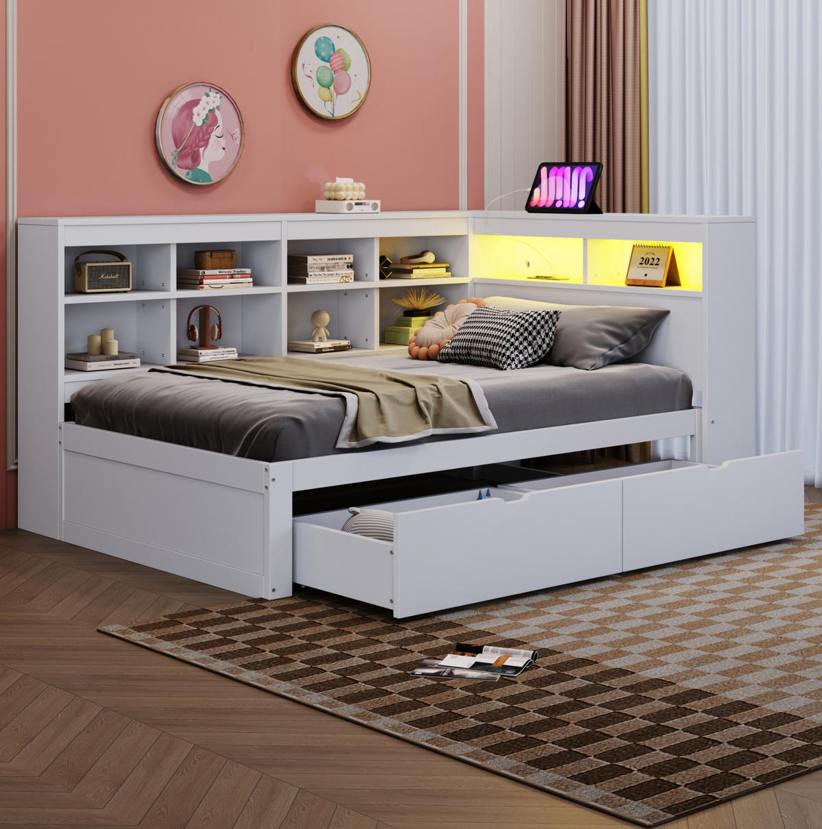 BETT Massivholzsofa 90/200 cm Weiß mit USB- und Steckdose und LED-Beleuchtung - Weiß, Holzwerkstoff (90/200cm) - OKWISH