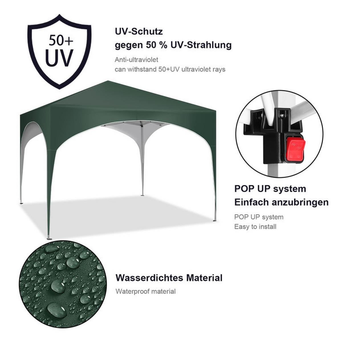POPUP-GARTENPAVILLON – 3×3 m, wasserdicht, zusammenklappbar, mit halbrundem Dach - Grau, Metall (300/260/300cm) - Kaket