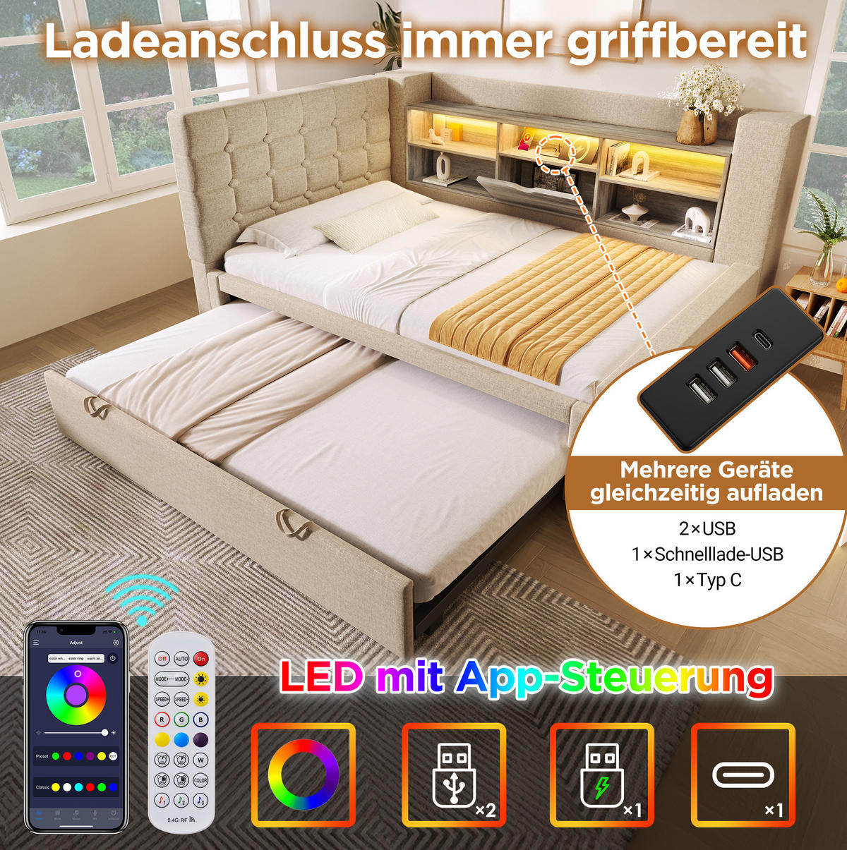 POLSTERBETT 90/200 cm Beige aus Leinen mit Ausziehbett - Beige, Textil (90/200cm) - OKMYHOME