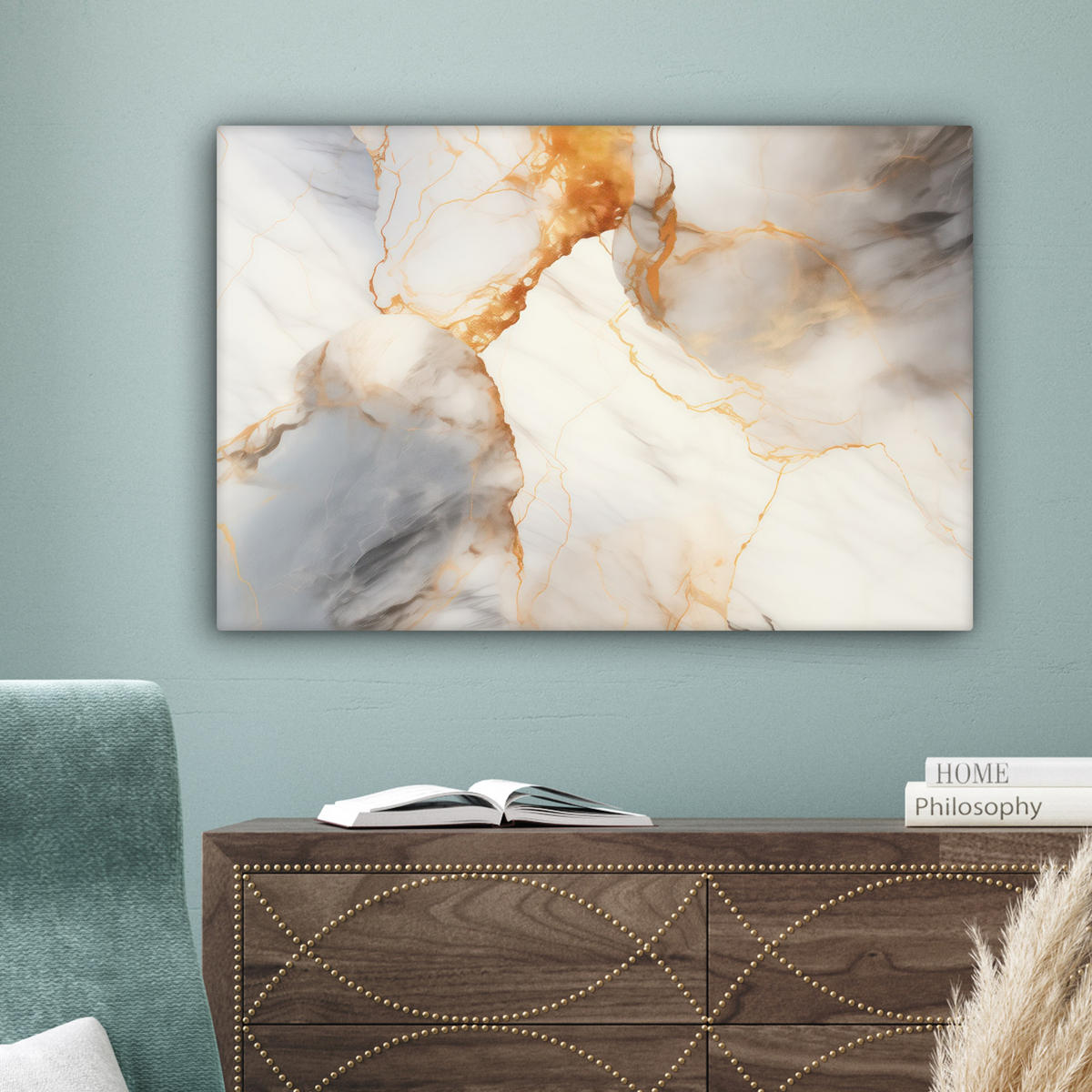 OBRAZ NA PLÁTNĚ Mramor - šedá - zlatá 90x60 cm - bílá, textil (90/60cm) - MuchoWow