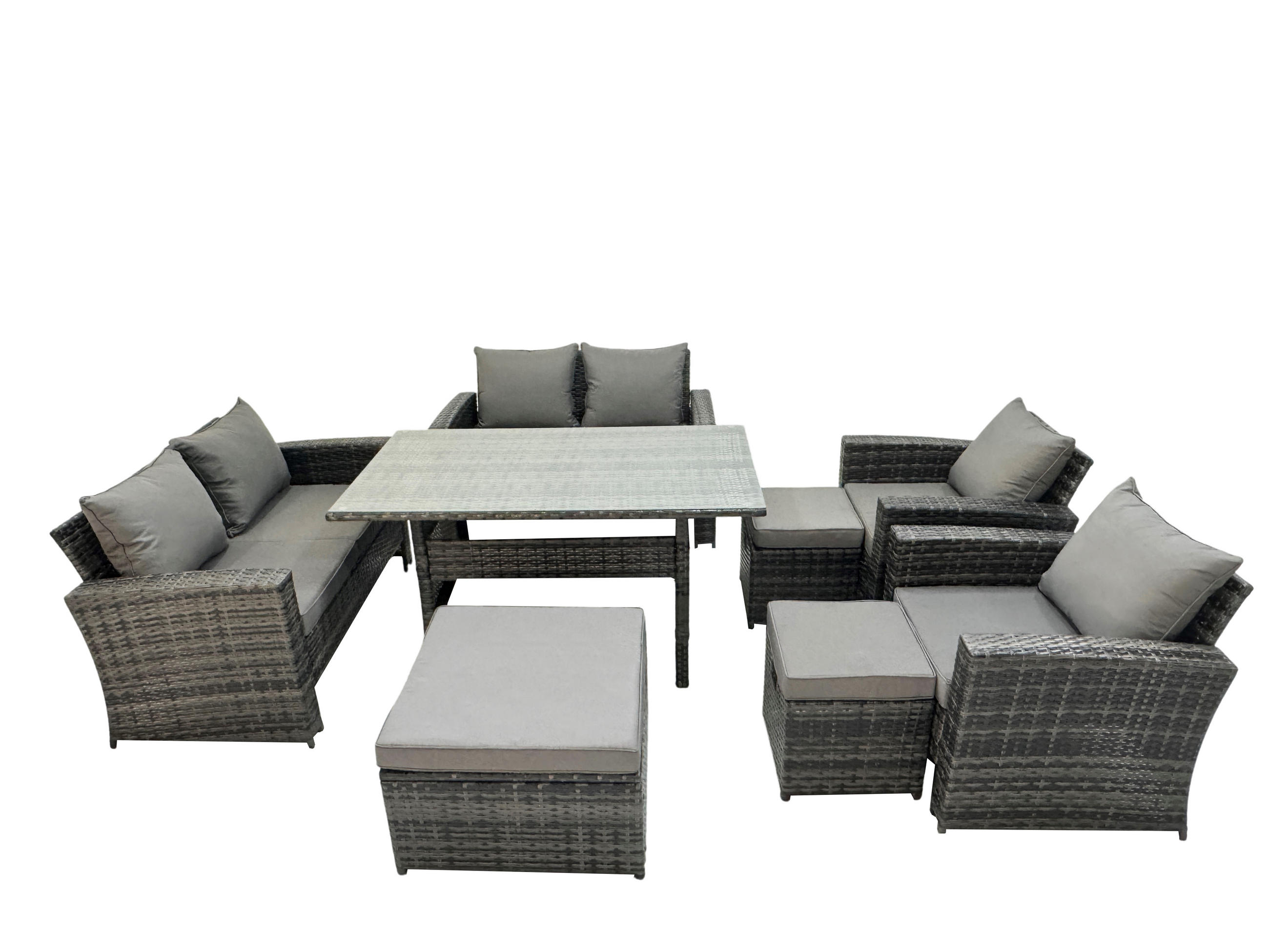 GARTENMÖBELSET mit 2 Sesseln,2 Zweisitzer,3 Hockern,Esstisch Polyrattan Dunkelgrau 9-Sitzer - Dunkelgrau/Grau, Glas/Kunststoff - Fimous