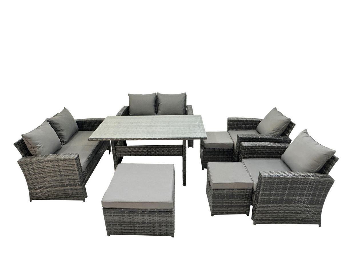 GARTENMÖBELSET mit 2 Sesseln,2 Zweisitzer,3 Hockern,Esstisch Polyrattan Dunkelgrau 9-Sitzer - Dunkelgrau/Grau, Glas/Kunststoff - Fimous