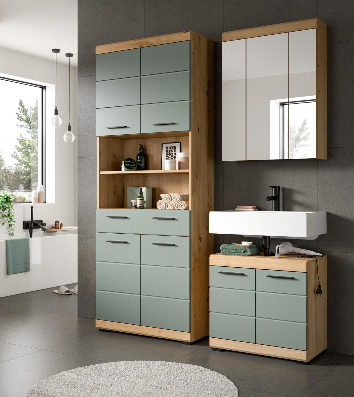 BADMÖBEL-SET Salbei grün, Artisan Eiche 3-teilig 149 cm, Badschränke mit viel Stauraum - Schwarz/Eiche Artisan, Glas/Holzwerkstoff (149/191/34cm) - Inn.Furn